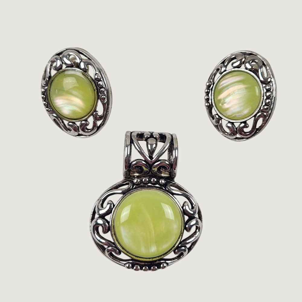 VTG Estate Pendant and Earrings Set Lime Green Chartreuse Silver Tone Scrollwork